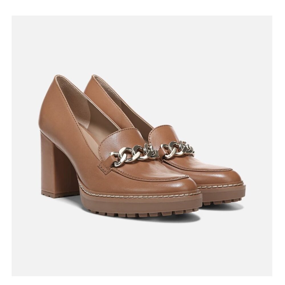 Naturalizer Cognac Leather Block Heel Chain Loafers